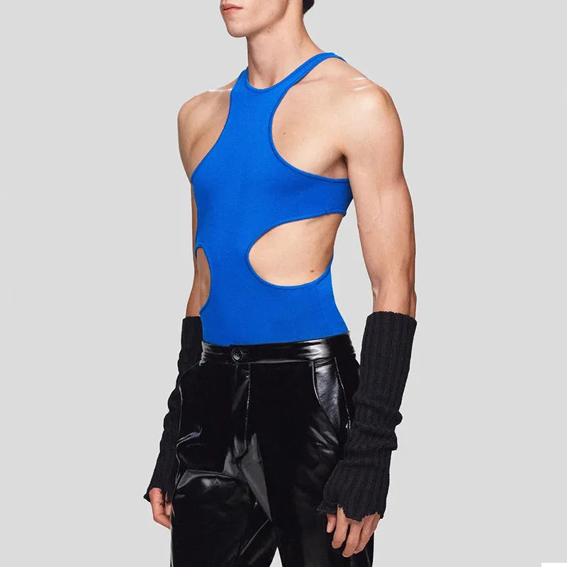 Men's sleeveless double-shoulder strap knitted vest in polyester stretch slim fit, available in black blue and coral