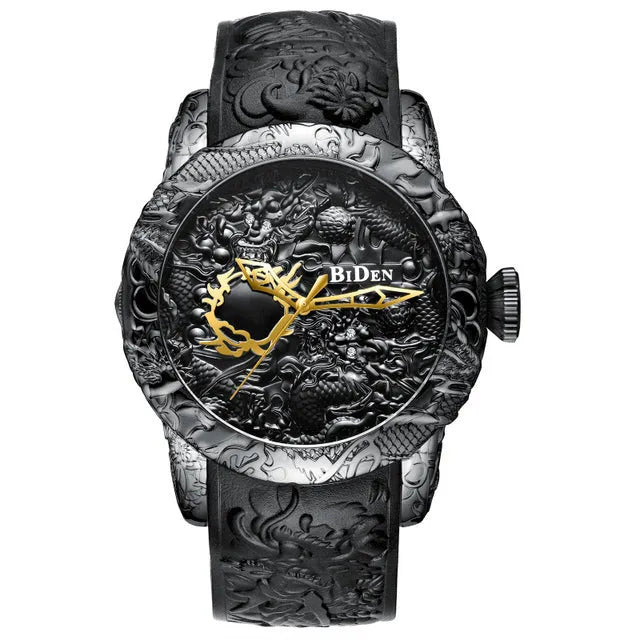 Dragon pattern mechanical watch with black rubber band, 50mm case, and gold or black colour options