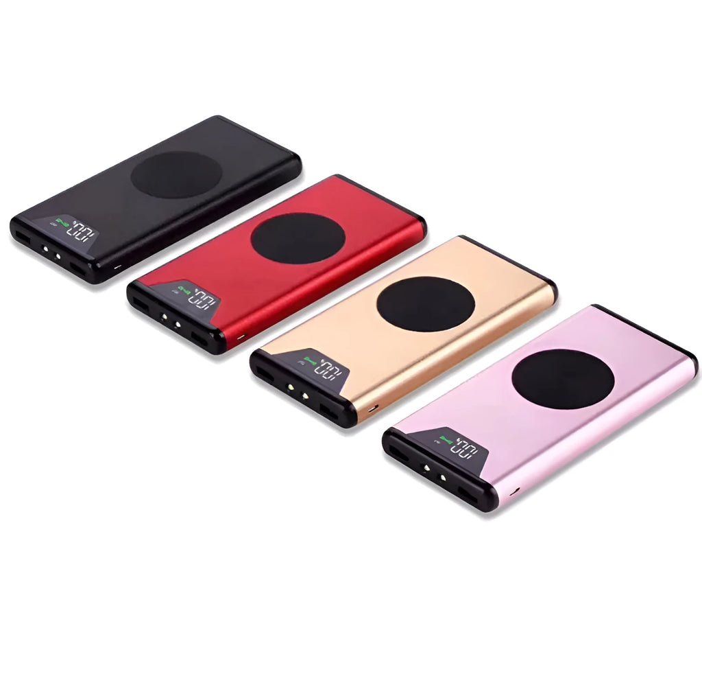 20000mAh wireless power bank in metal housing, 155x74x15mm, shown in Black, Gold, Red, and Rose Gold.