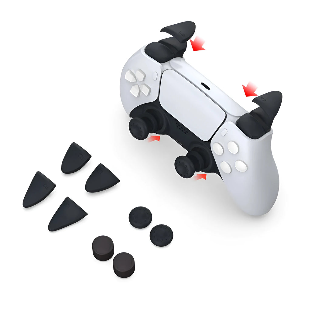Black silicone PS5 controller button cap set with 4 thumb grip caps and 4 trigger extenders