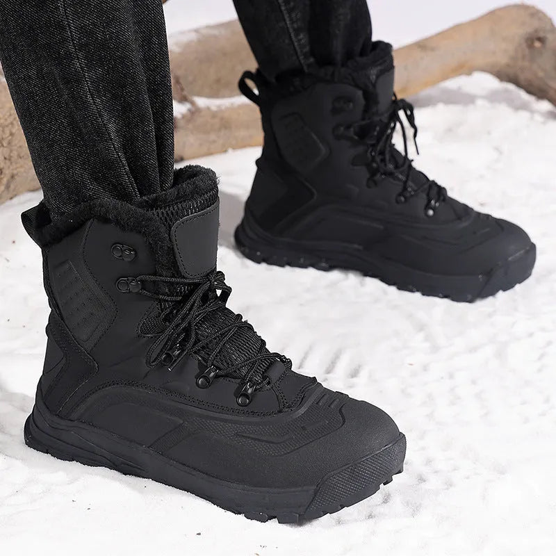 Men's black high-top lace-up boots with fleece lining, shown in plus sizes.