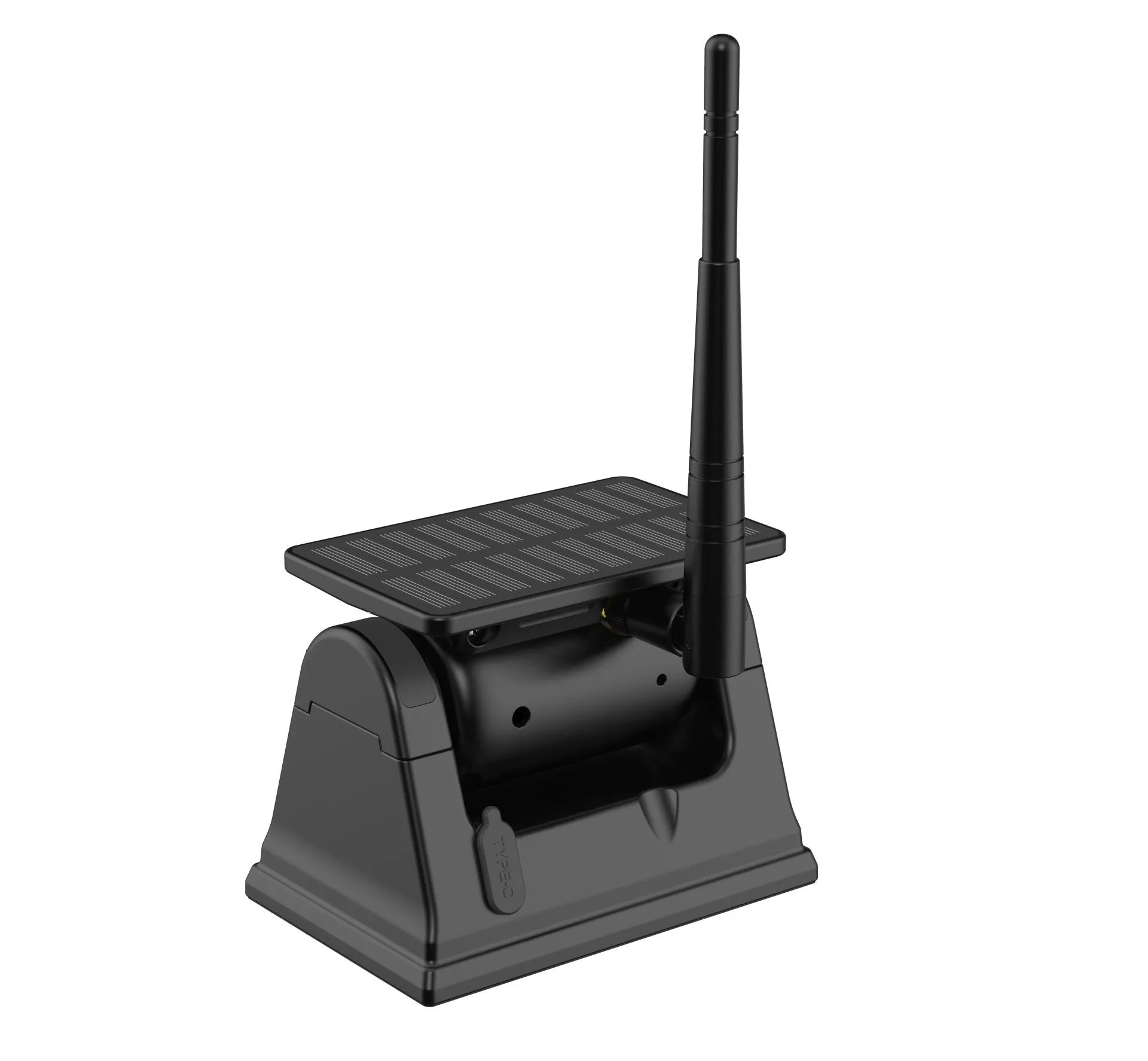 Solar-powered wireless car reversing camera with magnetic base, showing aluminum alloy housing and wide-angle lens.