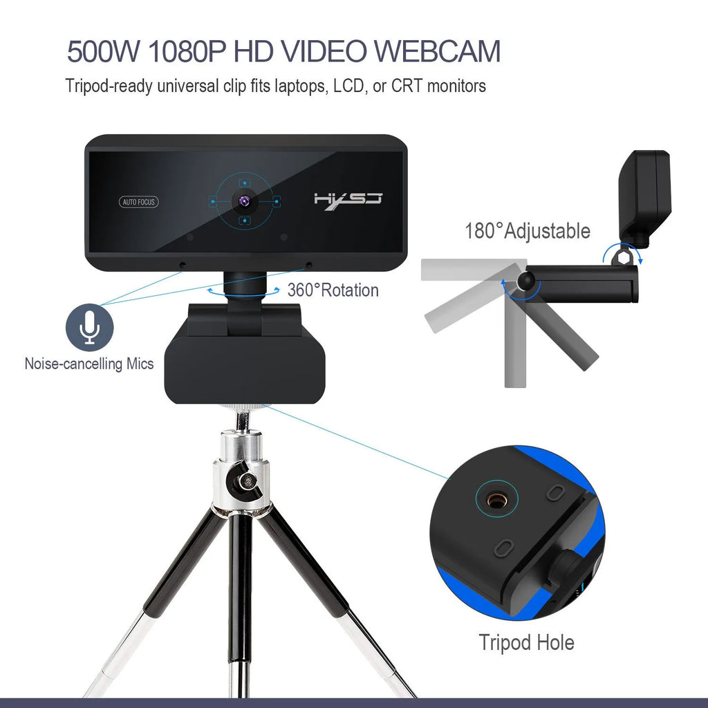 Desktop HD webcam with autofocus in black, with 1.7m USB cable