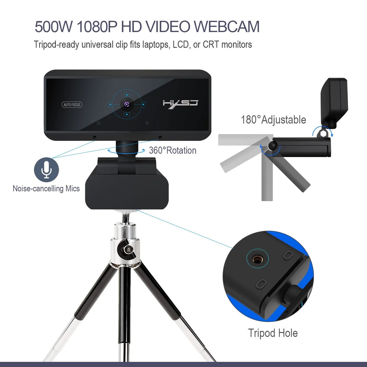 Desktop HD webcam with autofocus in black, with 1.7m USB cable