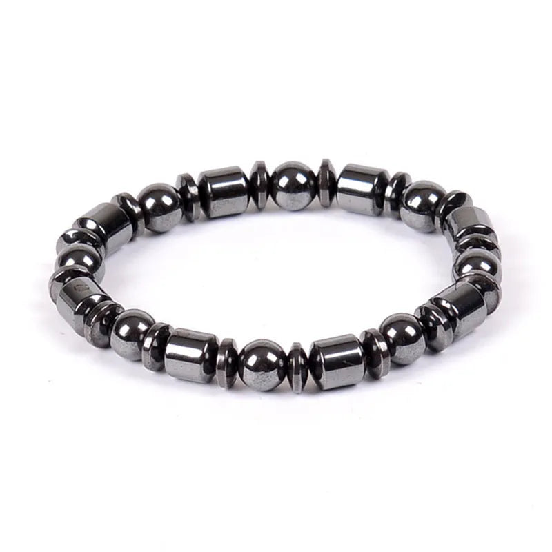 Black pentagram stone magnetic therapy bracelet with magnetite and hematite stretch design