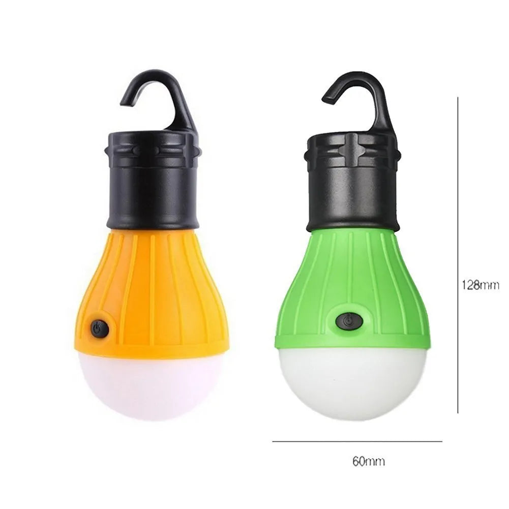 Portable LED camping light with hanging hook showing red, yellow, blue and green colour options