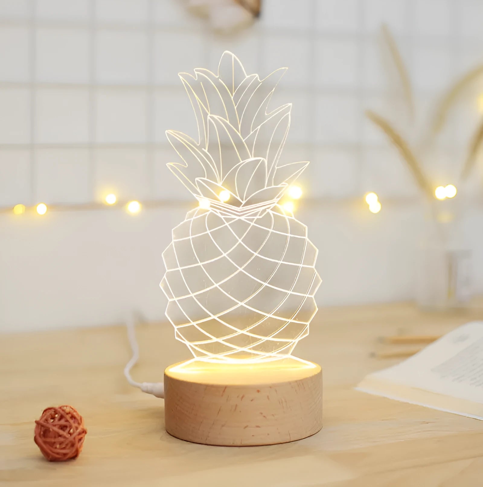 Cartoon pineapple bedside table lamp with wood and acrylic construction measuring 24.5 cm tall