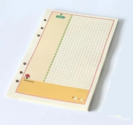 Colored A5 binder filler paper sheets in different styles including lined, grid, and weekly plan