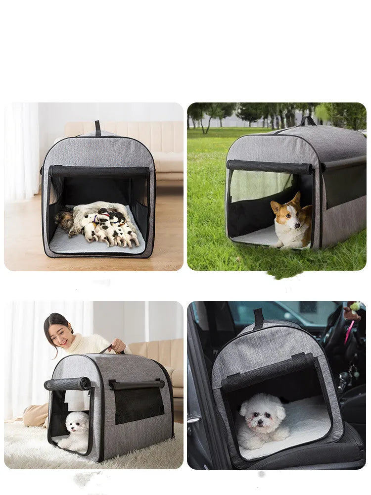 Portable grey dog cage house with Oxford fabric and mesh ventilation on a car seat