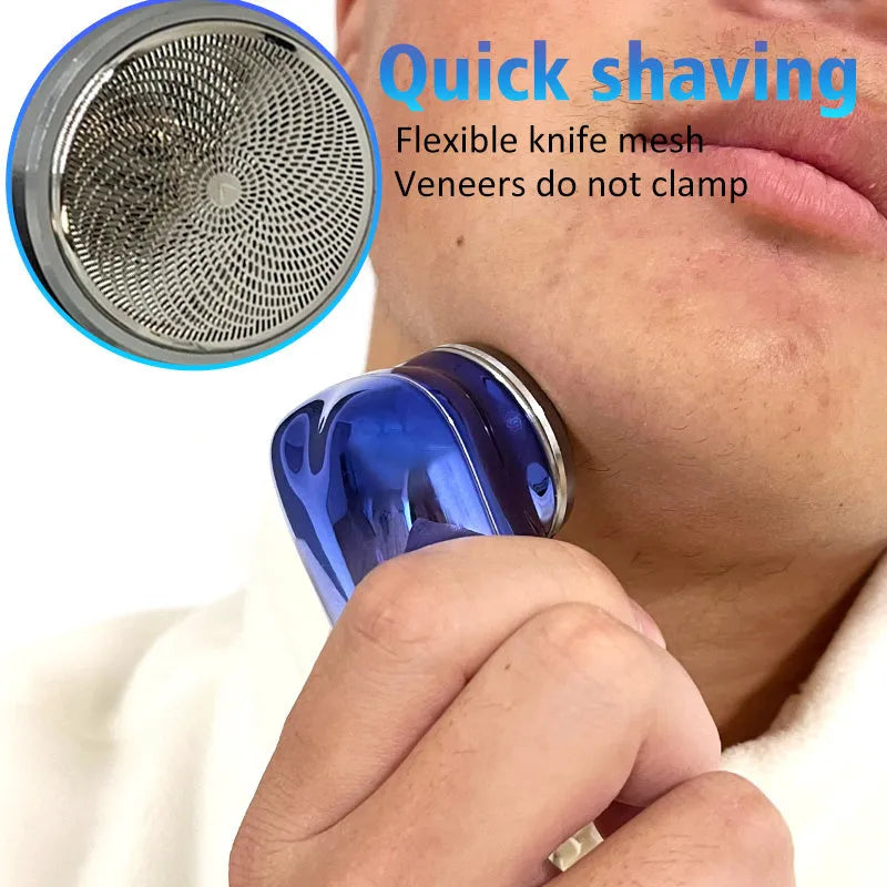 Mini portable USB electric shaver in silver with rotary head, aluminium body, and IPX7 wet and dry use