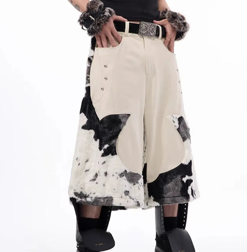Women's milk fibre cropped trousers with stitched fur detail in a printed pattern colour.