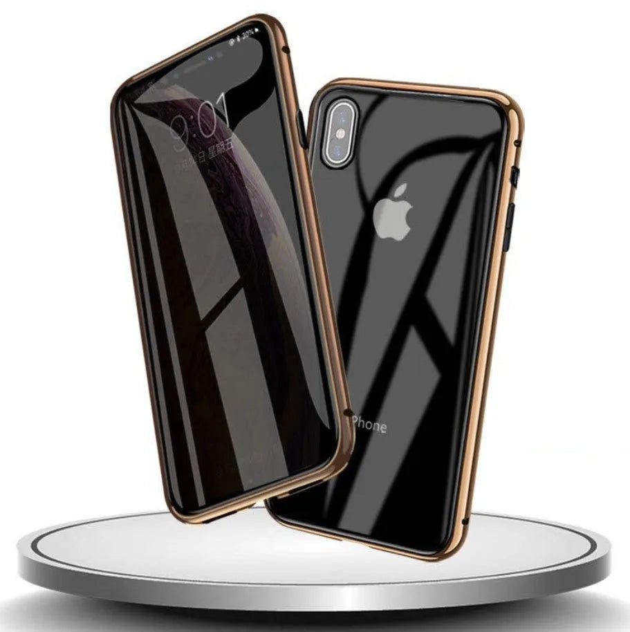Machined glass anti-spy clamshell case for iPhone in black, silver, red, gold, green, or blue.