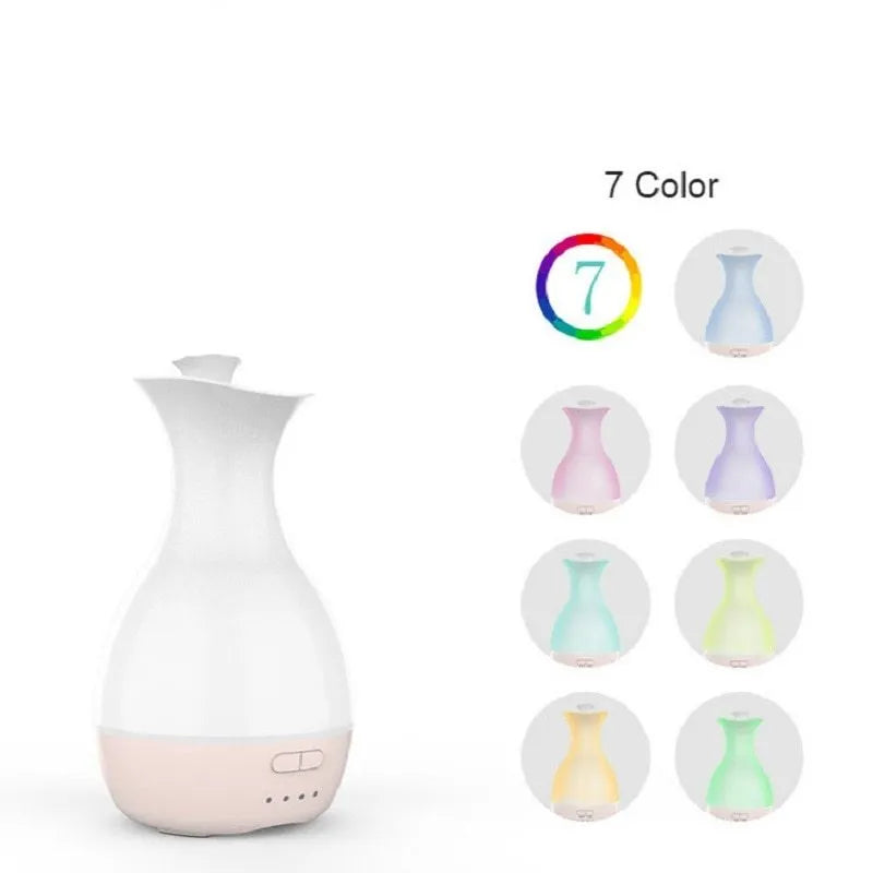 White ultrasonic aromatherapy vase diffuser with colour-changing night light and 200ml water tank capacity.