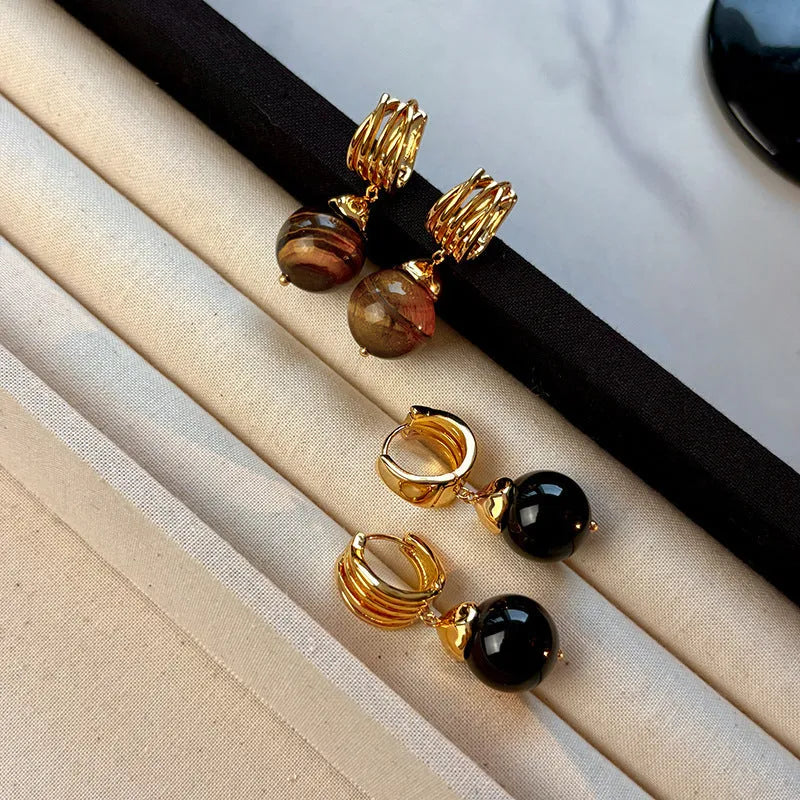 Maillard geometric tigereye earrings with gold plating in black and brown colour options
