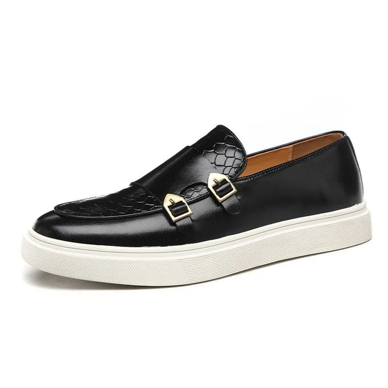 Men's casual leather shoes in black or brown with embossed artificial PU upper, flat heel, round toe, and rubber sole, sizes 38-46