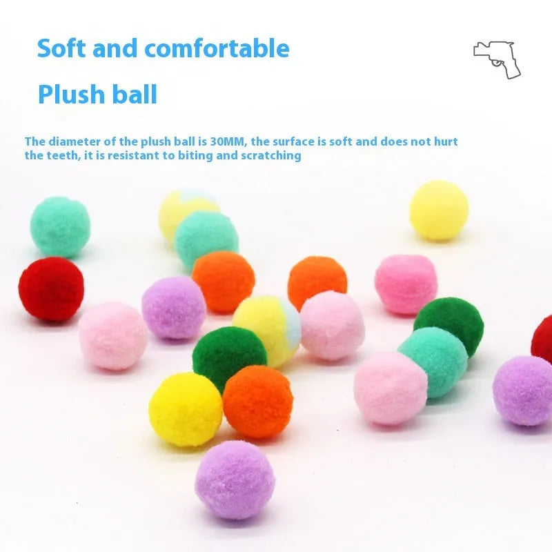 Plush pet toy ball launcher gun set with soft 3cm yarn balls for interactive indoor play