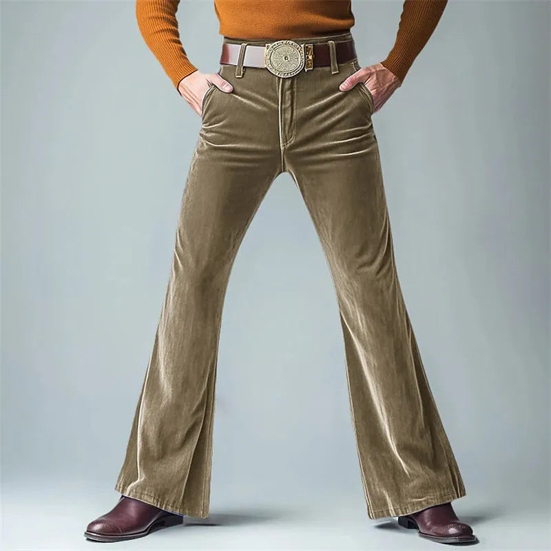 Men's slim flared suit pants in gold velvet fabric with lightweight business styling