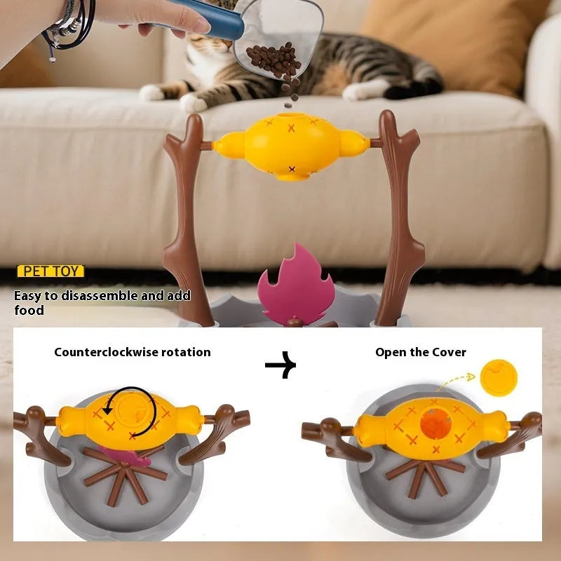 Barbecue-style tumbling cat feeder toy with leakage food compartments measuring 30cm cube