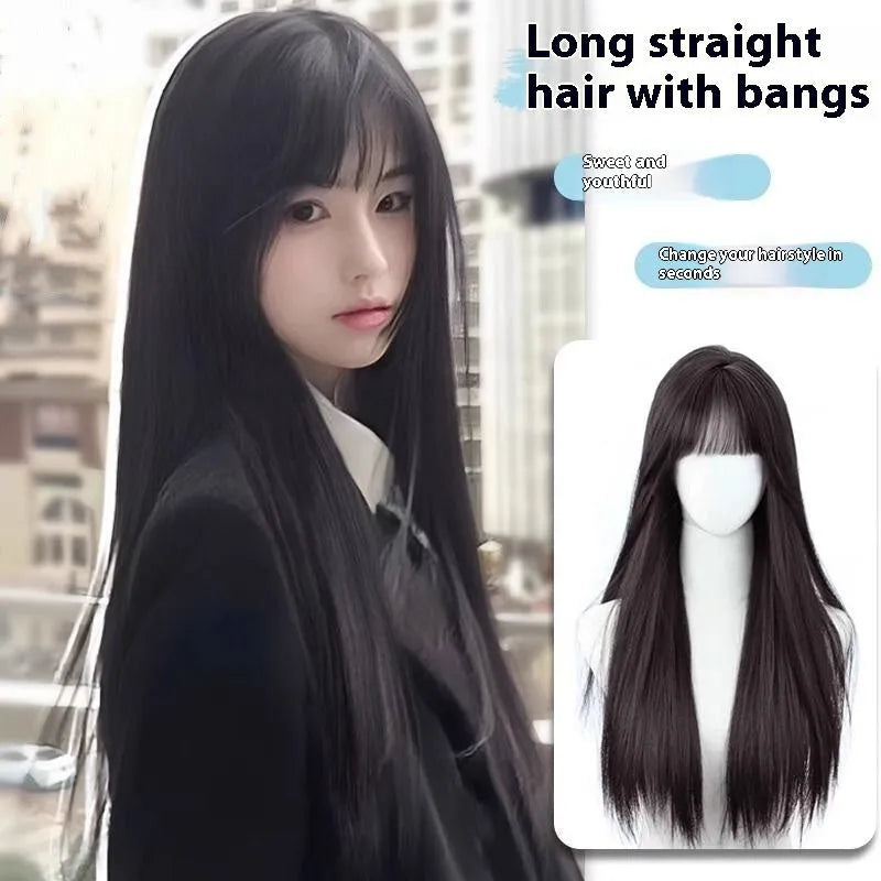 A long straight black synthetic wig with bangs, shown in brown black and cold brown colour options.