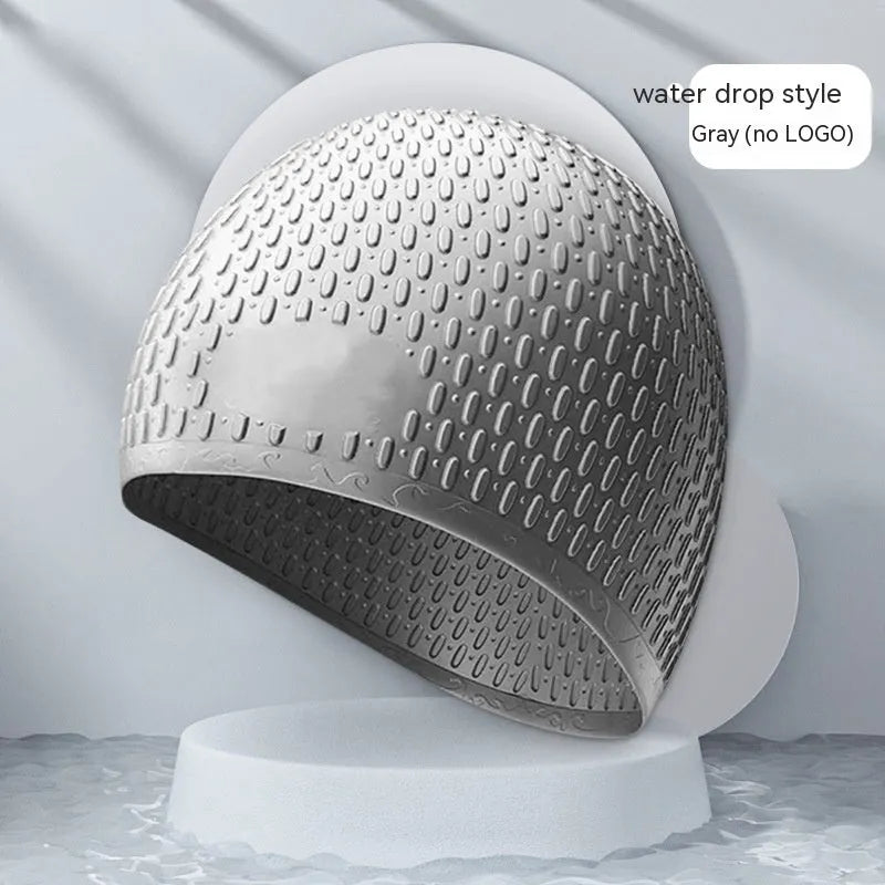 Adult solid colour silicone swimming cap with water drop design shown in multiple colour options.