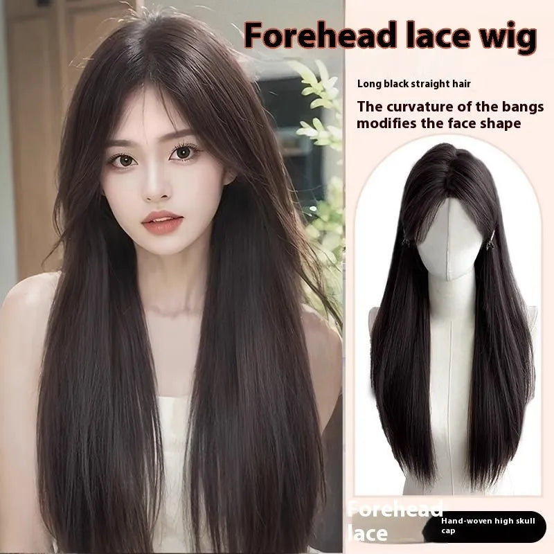 Forehead lace synthetic wig with long straight black hair in cold brown or dark brown shades