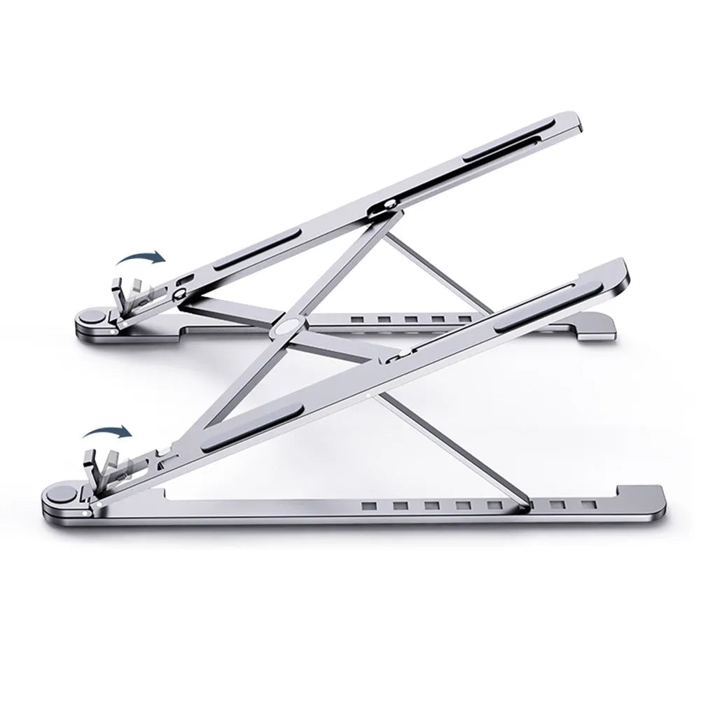 Foldable aluminium laptop stand in silver colour, shown extended and collapsed.