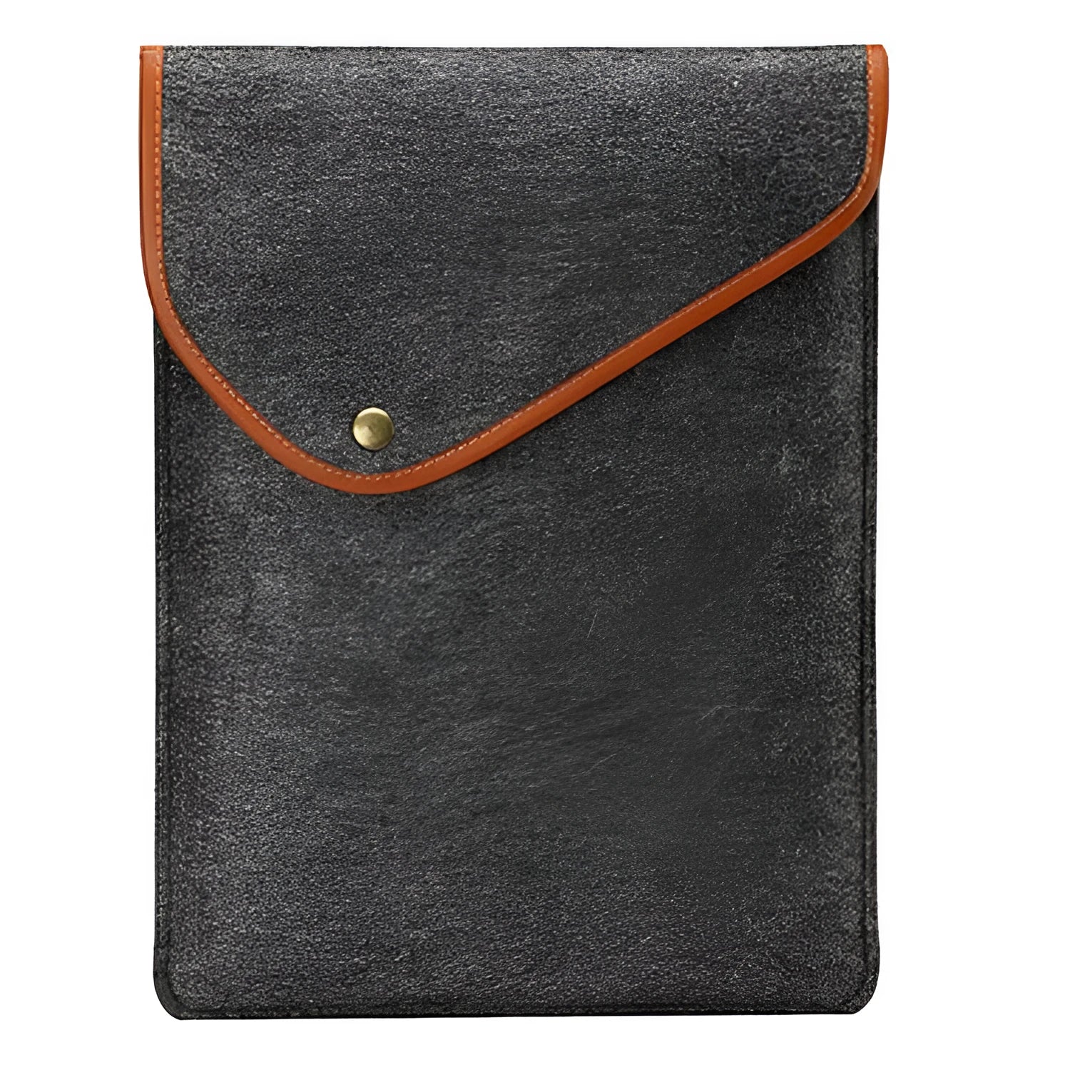 Flat felt computer bag in dark grey with magnetic buckle closure and polyester lining