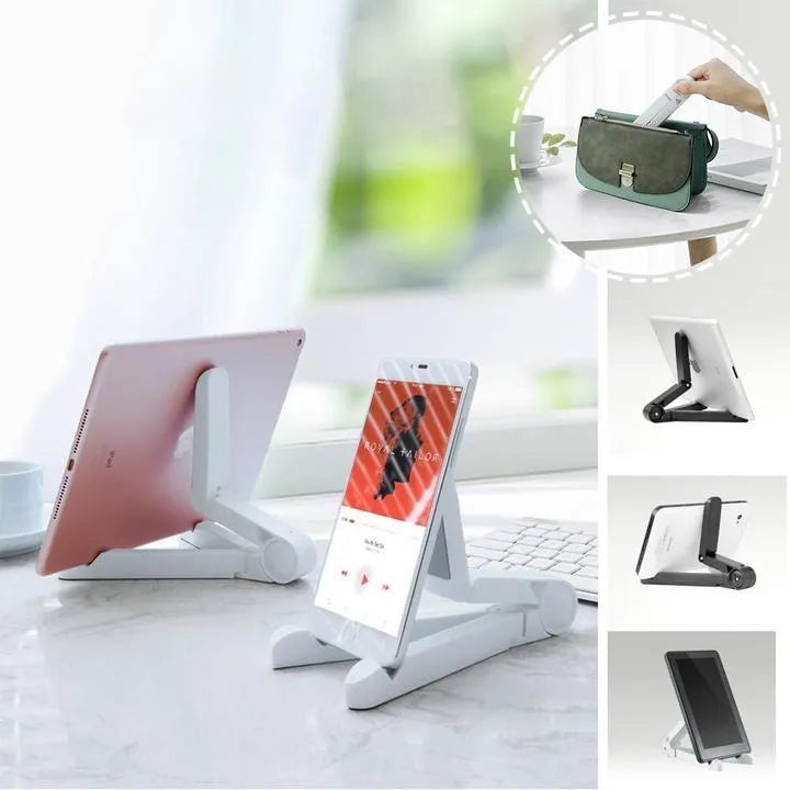 Black foldable tablet holder supporting a smartphone in landscape mode on a desk