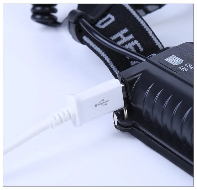 Fixed focus LED head torch for outdoor camping with long-range illumination.