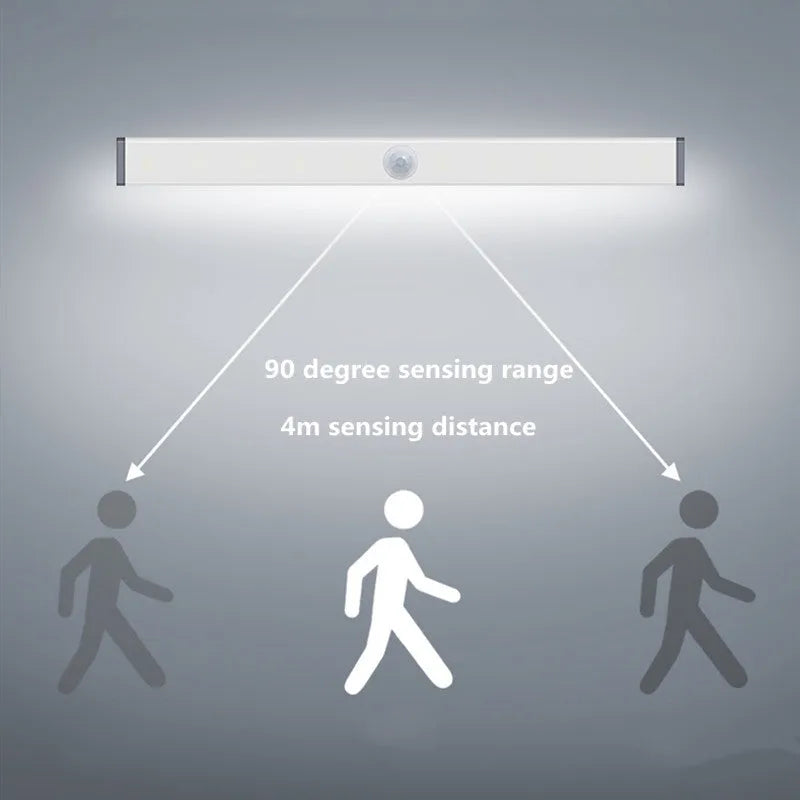 Silver aluminium LED motion sensor light with magnetic back for wardrobe and cupboard mounting.