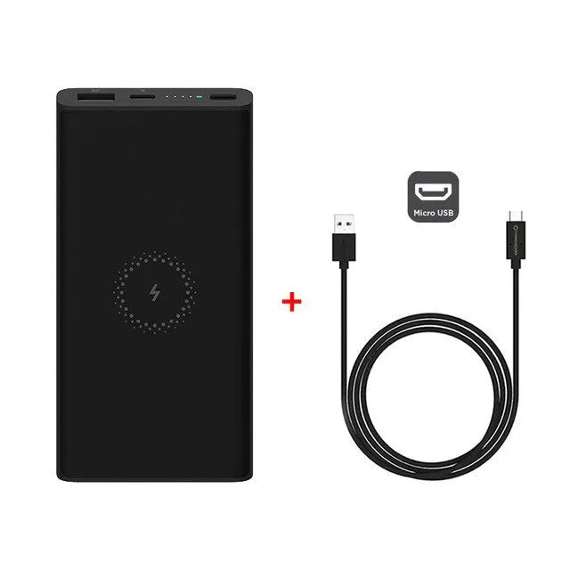 White and black 10000mAh portable power bank with USB-C and USB-A ports for fast and wireless charging.