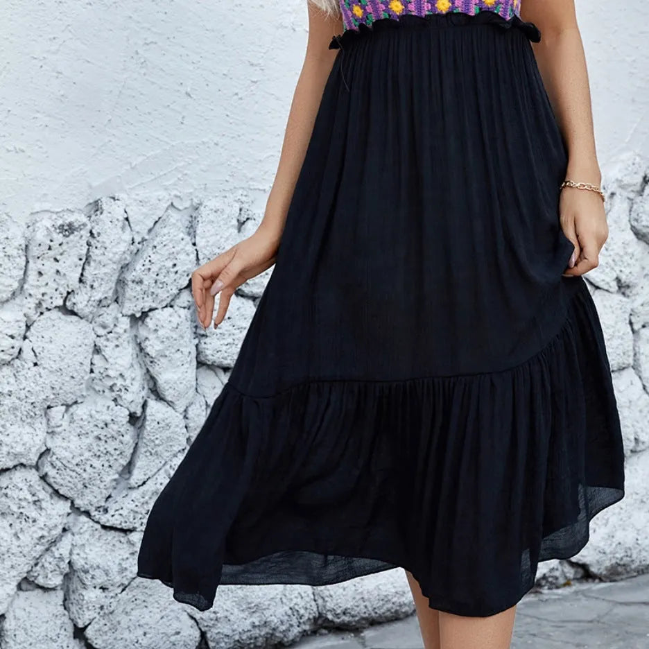 Purple sleeveless dress with hand hook flower stitching embroidery, cotton blend and acrylic fabric construction