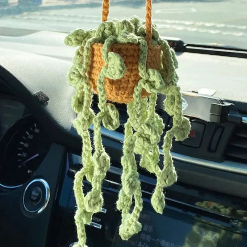 Green and white knitted wool macramé car air plant holder with hanging cord