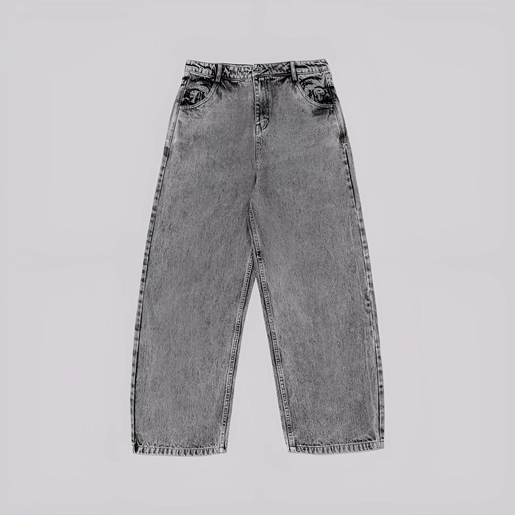 Grey loose straight-leg denim trousers on hanger showing mid-rise waist and cotton denim fabric
