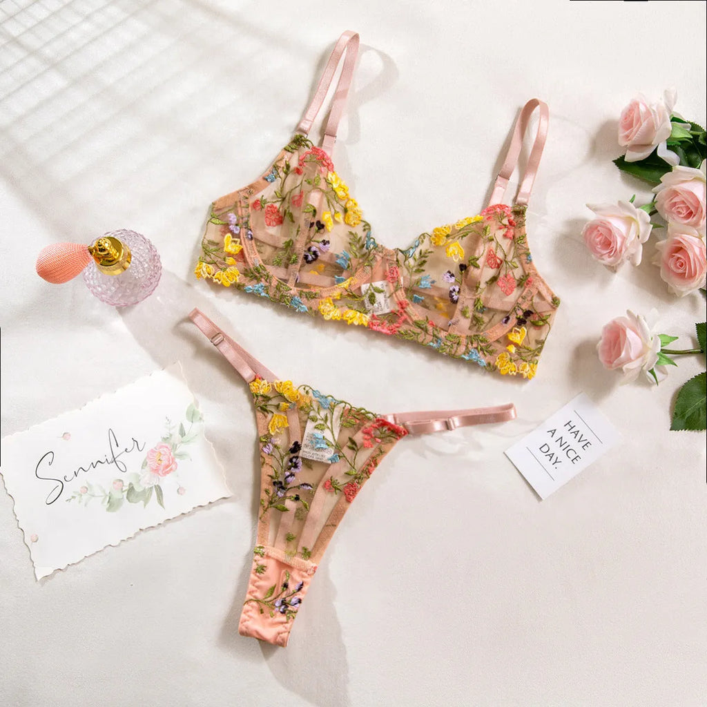 Floral pattern bra with steel ring T-back in polyester mesh fabric available in five colours