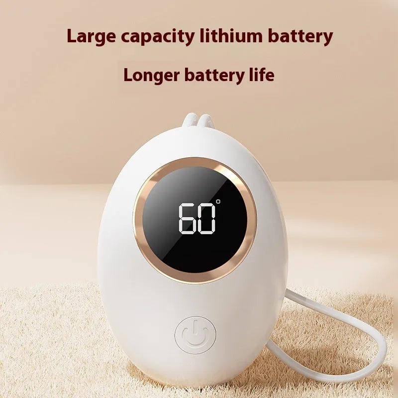 Compact USB rechargeable hand warmer power bank with digital display, shown in pink colour.
