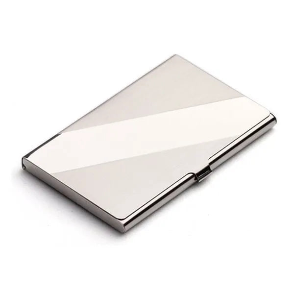 Geometric stainless steel business card case showing bevel, brushed, and mirror finish options.