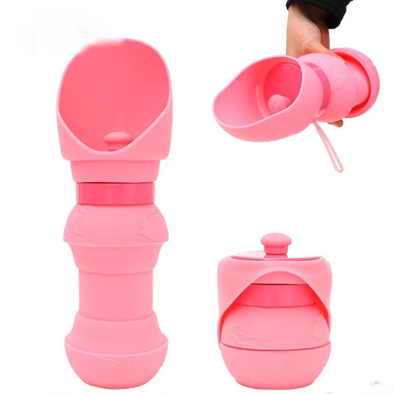 Collapsed and unfolded views of a silicone folding water cup for pets in various colours.