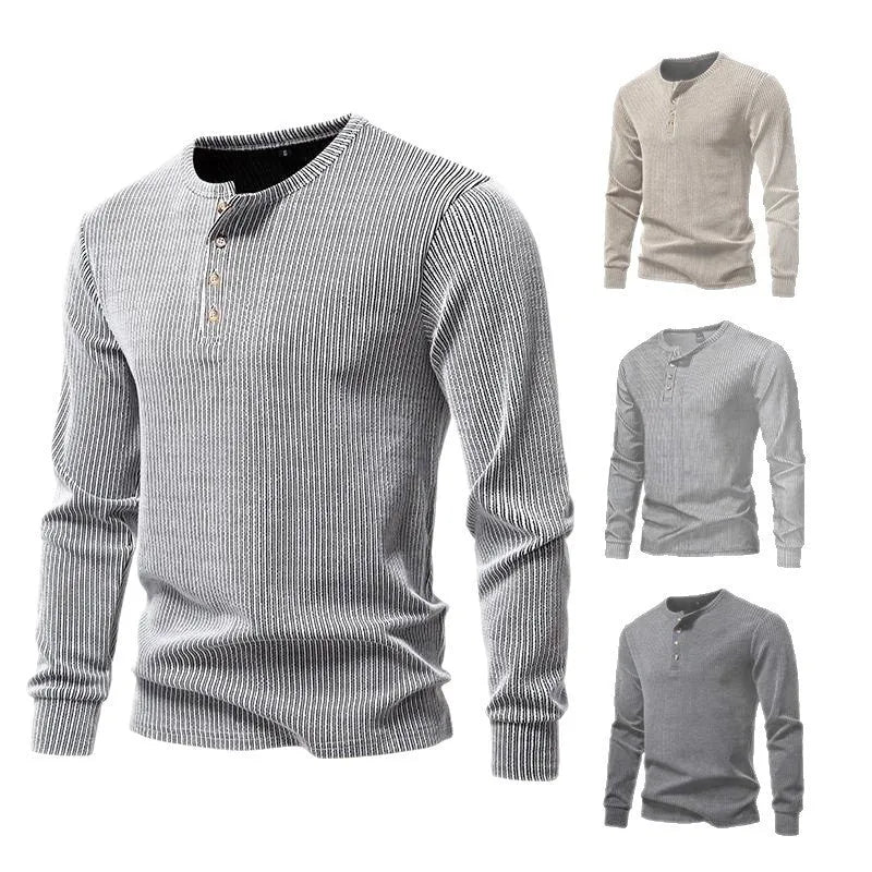 Men's striped long sleeve slim fit T-shirt in white, dark gray, black or khaki, sizes S to 2XL