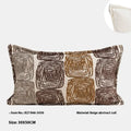 Square and rectangular decorative cushion covers with an abstract coil pattern in cream and coffee brown colours.