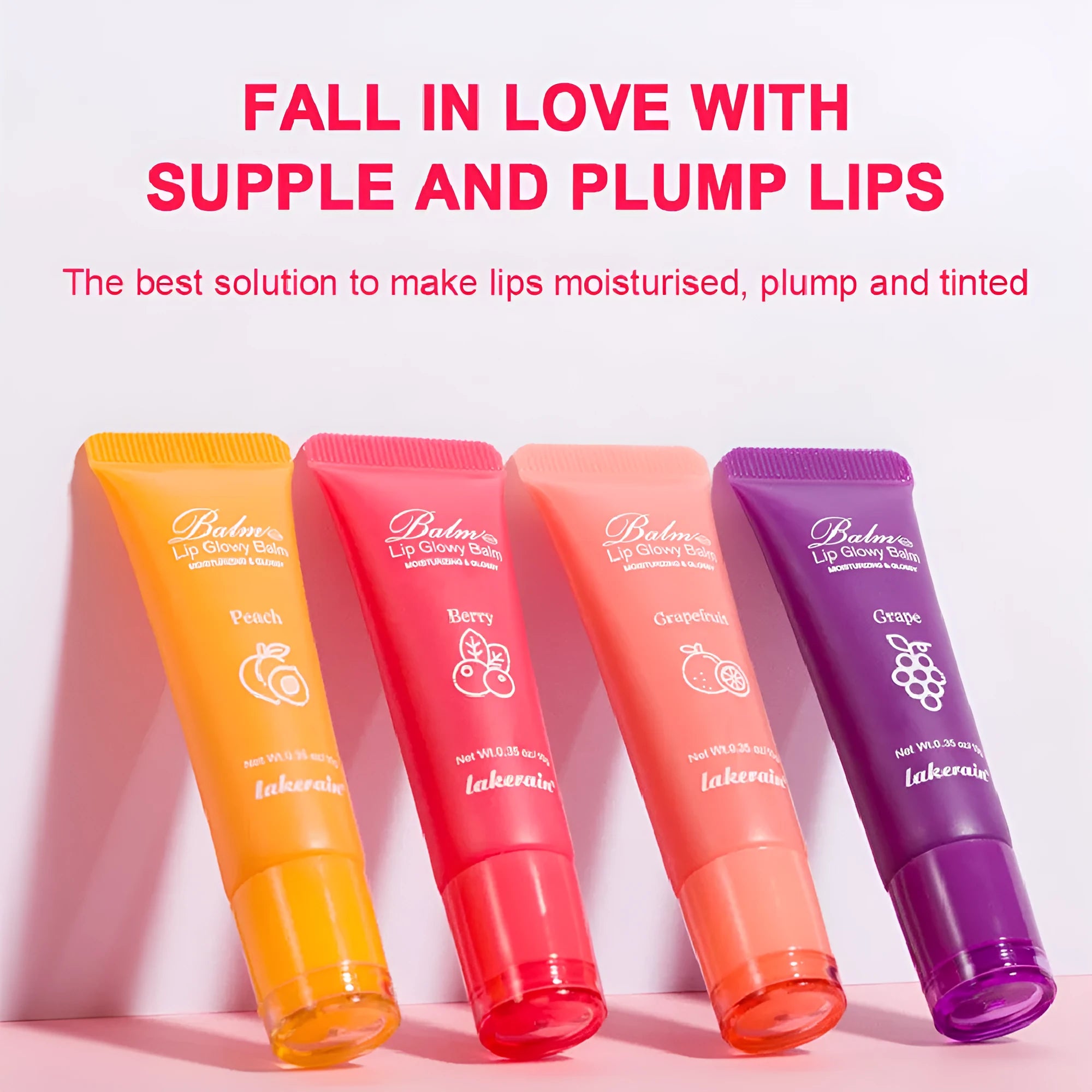 Women's lip gloss in berry, grape, grapefruit, and yellow peach flavours for a natural look.