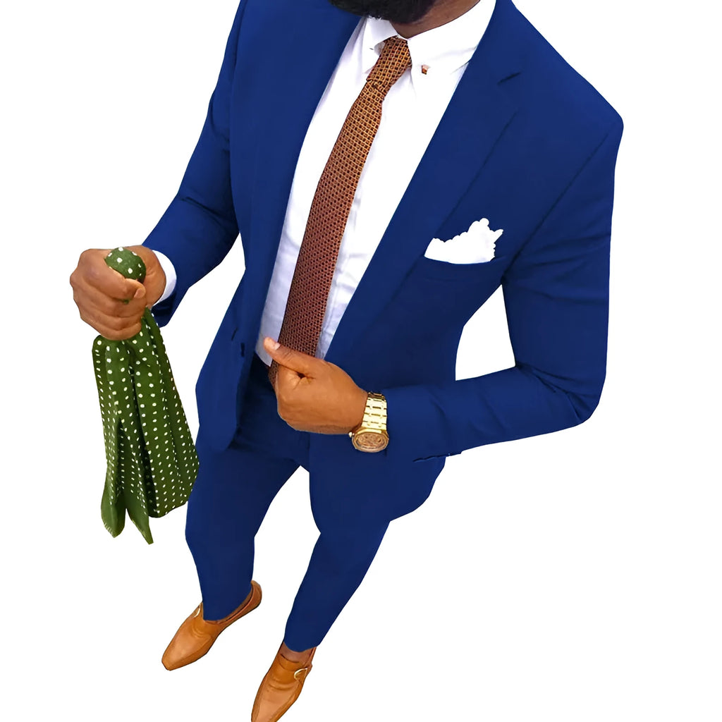 Men's multicolour cotton banquet suit two-piece set showing jacket and trousers available in extended sizes
