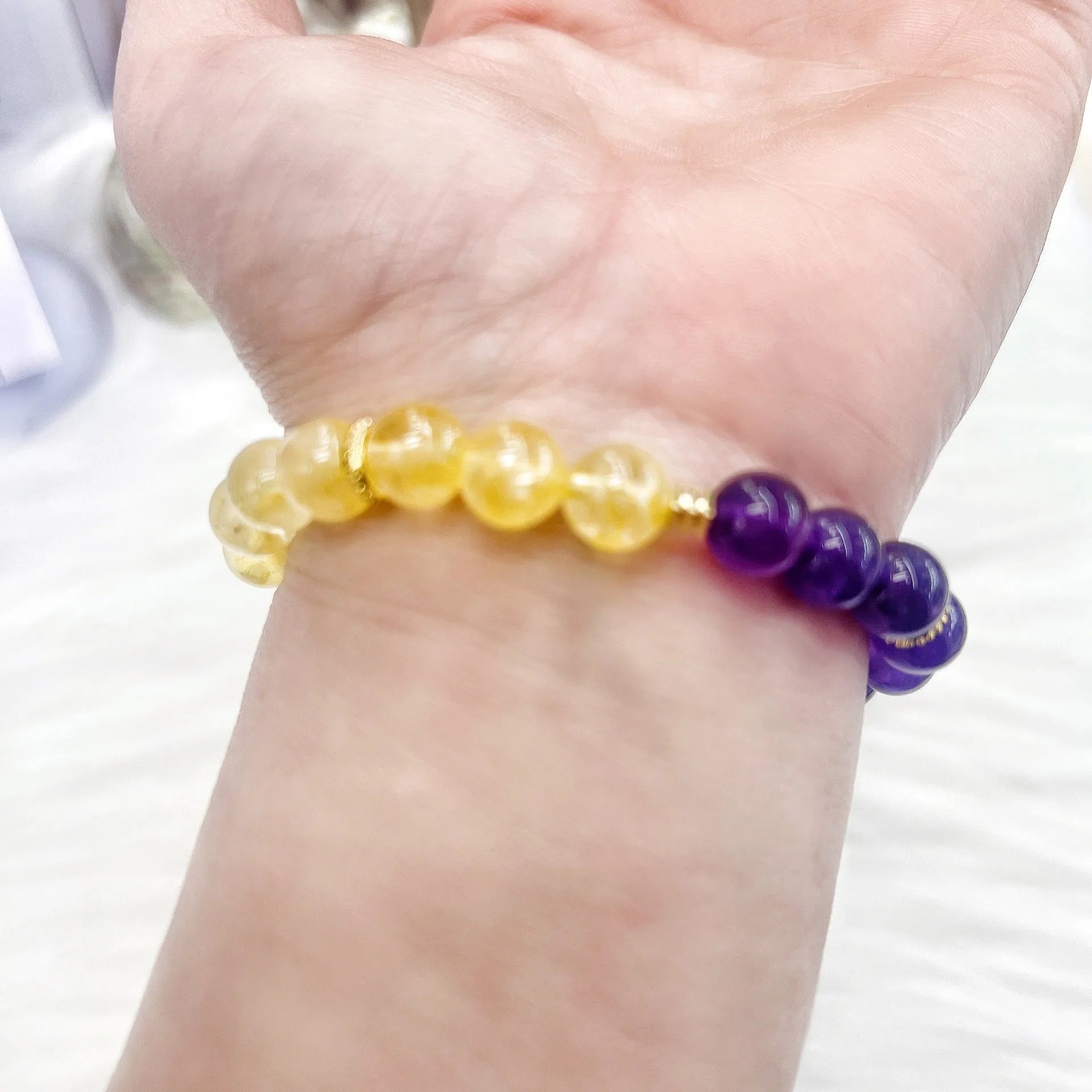 Handmade yellow and purple crystal bracelet with amethyst beads for women