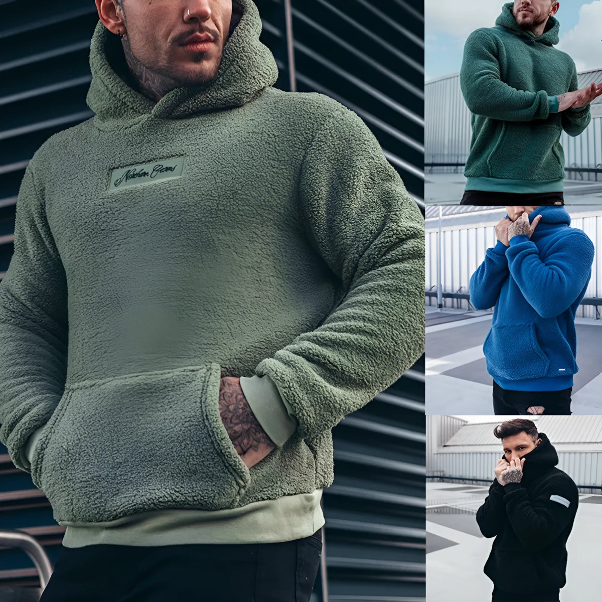 Men's plush hoodie sweatshirt with big pocket, cotton, long sleeves, available in olive green, dark green, blue, black, sizes S-XXXL.