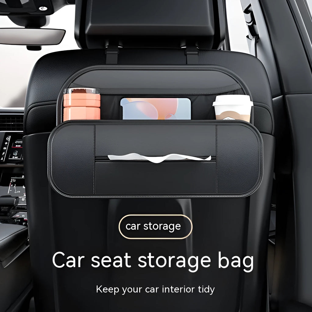 Black leather storage bag attached to the back of a car seat for organisation.