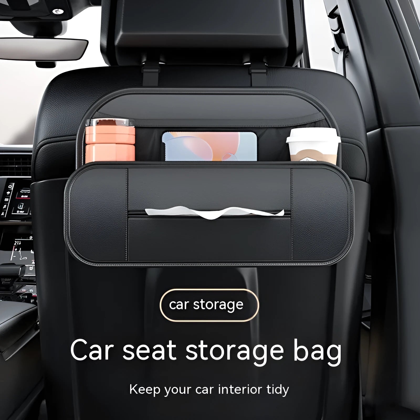 Black leather storage bag attached to the back of a car seat for organisation.