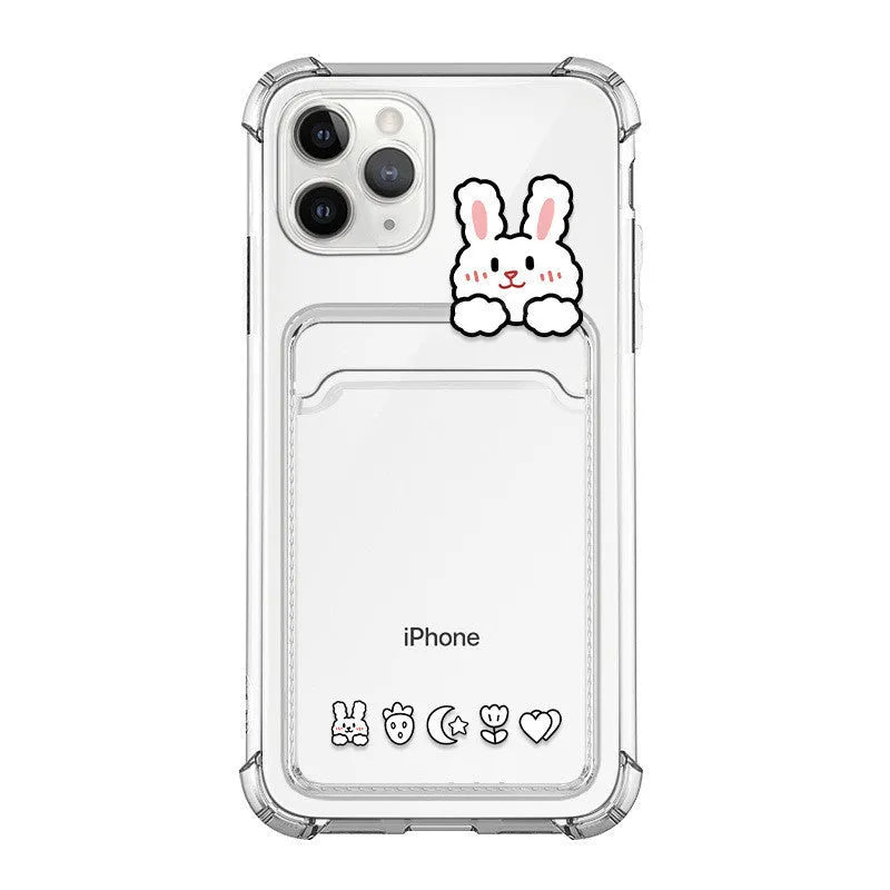 Transparent cartoon-style iPhone case with card slots on the back, for models from iPhone 6 to iPhone 13 Pro Max.