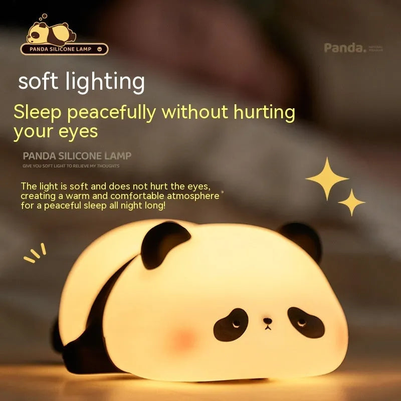 Cartoon panda night light with soft glow, showing BPA-free silicone construction and compact 150x130x80mm dimensions