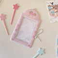 Transparent PVC card holder with cartoon strawberry or four-leaf clover design, measuring 7.6 by 13.6 cm.
