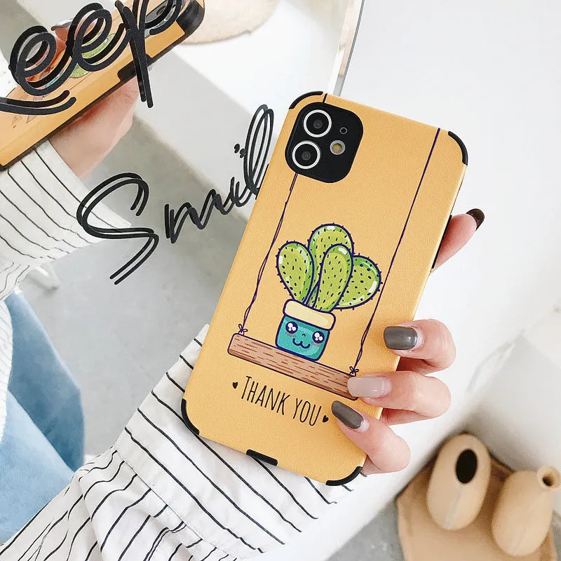Cactus embossed iPhone case in blue with TPU and leather back cover, cartoon style.